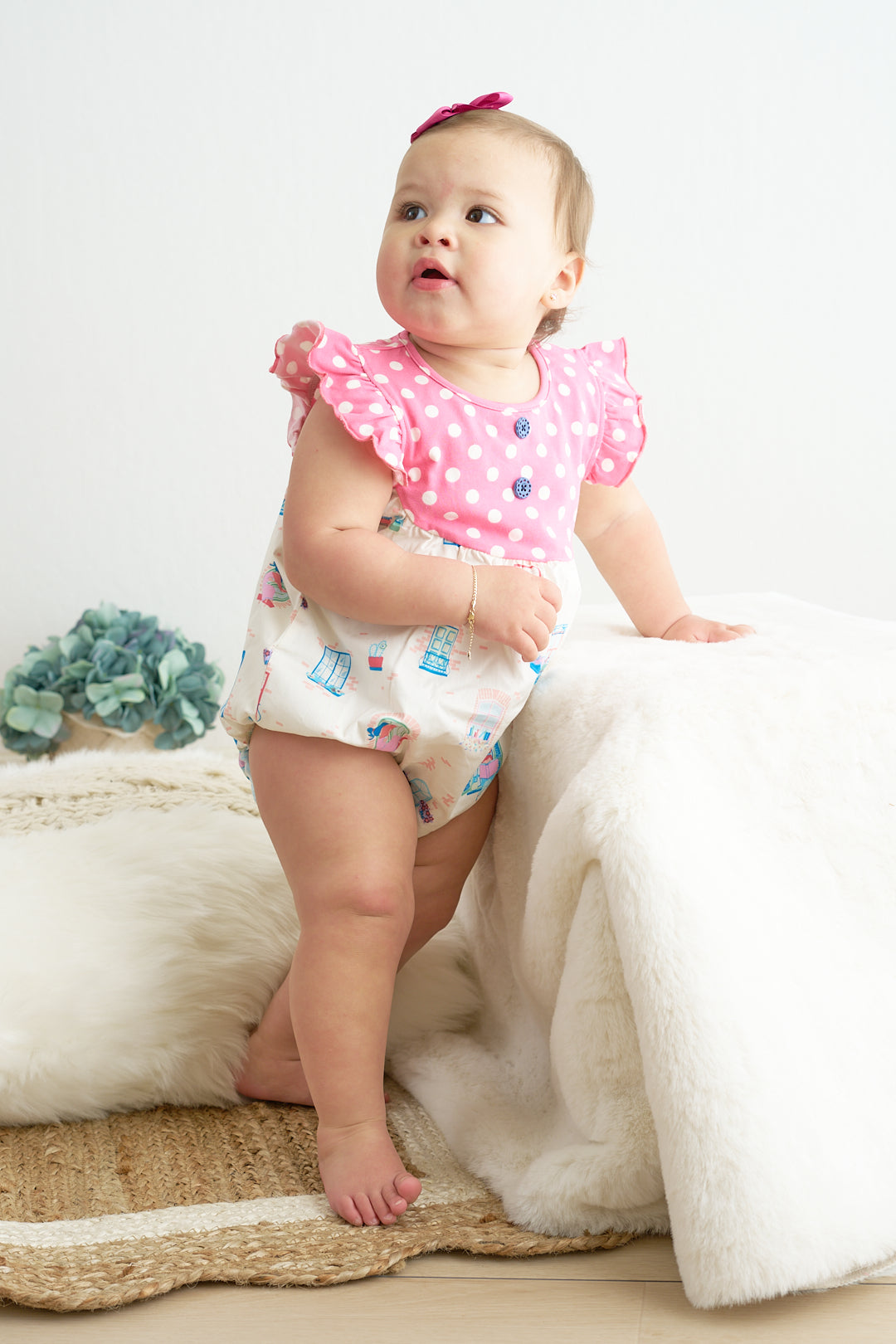 Whimsy Windowpane Polka Dot Bubble Romper