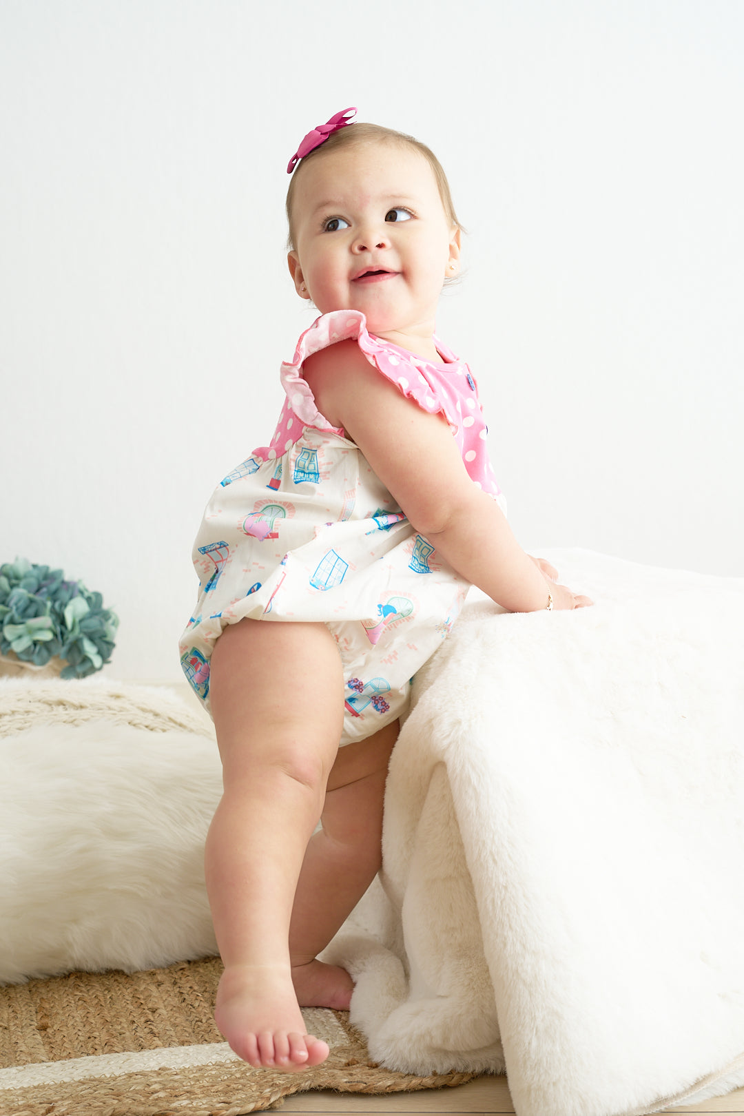 Whimsy Windowpane Polka Dot Bubble Romper